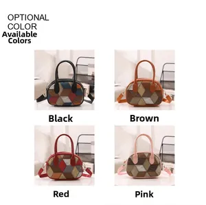 Collage of chic plaid handbags in black, brown, red, and pink with detachable straps