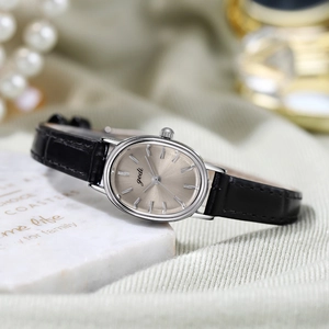 Elegant oval silver quartz watch with champagne dial and black leather strap for women