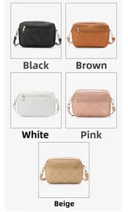 Detail display of five colors available for the quilted faux leather crossbody camera bag