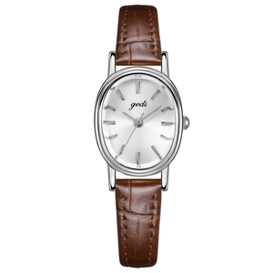 Gedi minimalist women's quartz watch with silver oval case and brown leather strap