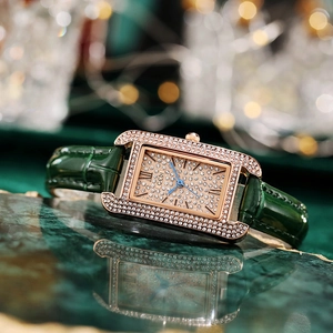 Fashionable women's square rose gold watch with sparkling diamonds and green leather strap