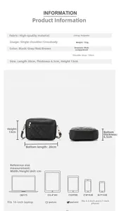 Detail view of black quilted crossbody camera bag with 134cm fixed shoulder strap