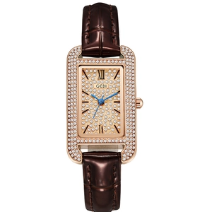 Luxury women's quartz watch with square diamond dial and brown leather strap