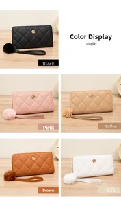 Detailed quilted long purses in five colors featuring gold rose clasps and fluffy charms