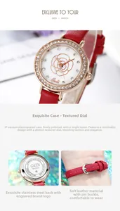 Detail of crystal bezel, rose pattern dial and red leather strap on ladies' watch