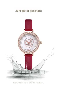 Waterproof quartz watch showing 3ATM capability with water splash and rose dial detail