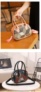 Detail of color-block geometric tote bags with dual handles and adjustable shoulder straps