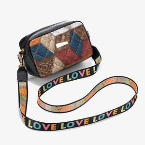 Fashionable black crossbody bag with colorful check pattern and LOVE woven strap