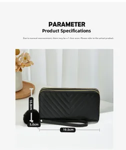 Detailed size view of black quilted long wallet with pompom charm and dimensions shown