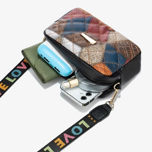 Quilted multi-color leather crossbody bag with LOVE strap and large capacity
