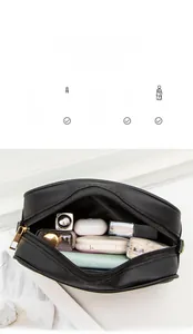 Detail showing high-capacity black crossbody camera bag with cosmetics and phone inside