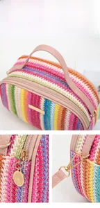 Detail of colorful woven shoulder bag showing golden zipper and hardware buckle