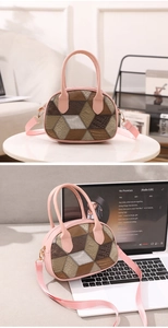 Detail view of a geometric patchwork handbag with embossed texture and fabric strap