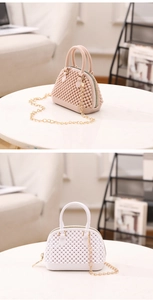 Detail of mini jelly bags with pearl texture in pink and white shell shape