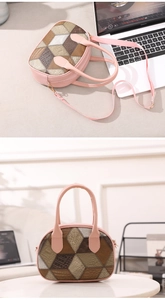 Macro view of checkered pattern handbag with pink trim and luxury textured patchwork