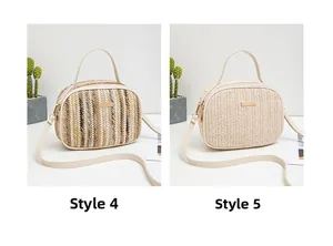 Detail of woven straw crossbody bags in striped and herringbone patterns with metal plates