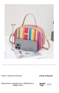 Rainbow woven shoulder bag dimensions 21x8x16cm with pink leather handles and strap