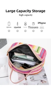 Detail showing high-capacity interior of a colorful woven crossbody bag with daily items