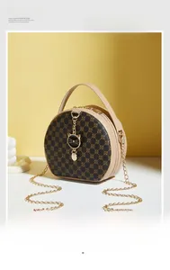 Macro detail of round monogram cross-body bag featuring a cute black cat metal charm