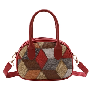 Boston-style checkered handbag with crocodile pattern leather and adjustable strap