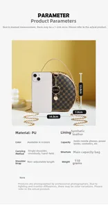 Size chart and dimensions of the floral round bag with smartphone for scale comparison