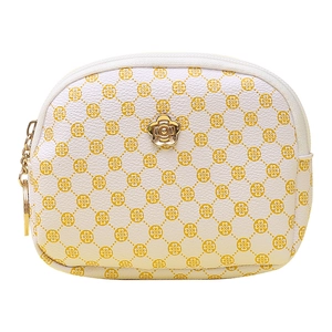 Minimalist white semi-circular clutch bag with yellow floral print and golden flower clasp