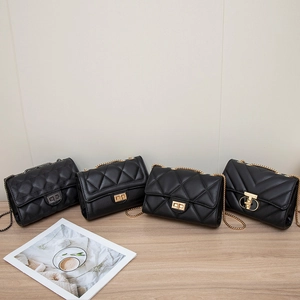 Chic black quilted PU leather chain shoulder bags with various elegant stitching patterns
