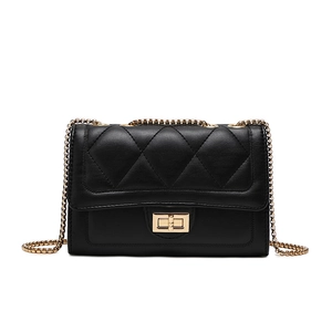 Classic black quilted PU leather shoulder bag with gold chain strap and turn-lock