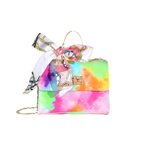 Colorful tie-dye mini satchel bag with silk scarf handle and gold chain strap