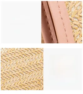Detail showing precise stitching and textured woven straw fabric of the shoulder bag