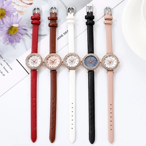 Women's quartz watch with rhinestone bezel and rose pattern dial in five colors