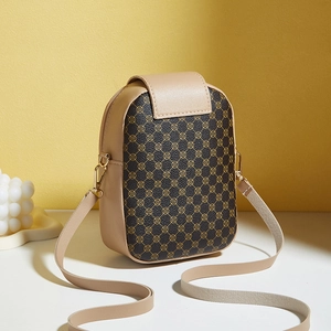 Retro geometric floral crossbody phone bag for women with beige leather accents