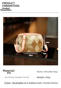 Detailed specs of the plaid PU leather crossbody camera bag with pink strap