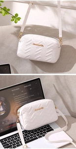 White crossbody square bag with wave stitching texture and gold logo detail
