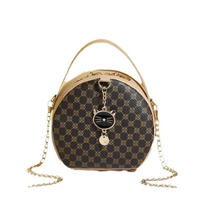 Vintage round chain shoulder bag with gold clover print and black cat charm