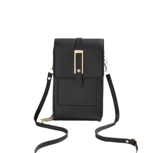 Vertical black crossbody phone bag with gold metal buckle and adjustable shoulder strap