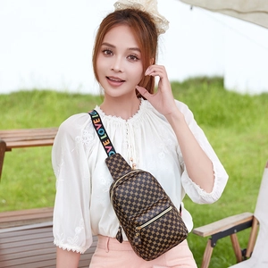 Women's printed dark brown leather chest bag with a colorful LOVE letter shoulder strap