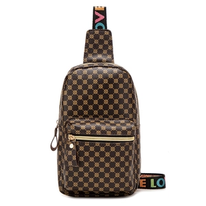 Brown leather crossbody chest bag for women with geometric print and colorful LOVE strap