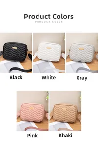 Multi-color options for quilted camera bag in black, white, gray, pink, and khaki