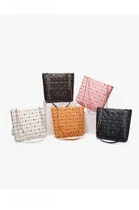 Five stylish quilted tote bags in various colors with star patterns and chain straps