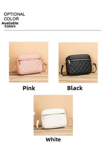 Three variants of quilted crossbody camera bags shown in pink, black, and white colors