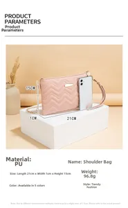 Detailed view of pink wavy embroidered crossbody bag with 21x1x15cm size specifications