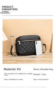 Detailed size parameters of the quilted black PU leather crossbody camera bag