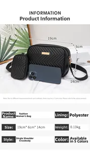 Detailed size specifications for the black quilted camera bag with shoulder strap