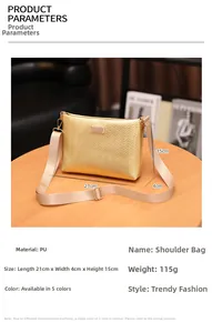 Detail view of gold herringbone textured small square bag with 21x15x4cm size specs