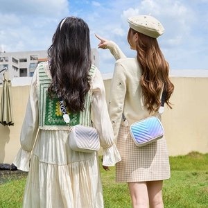 Chic gradient crossbody camera bags with V-quilt stitching and wide logo straps