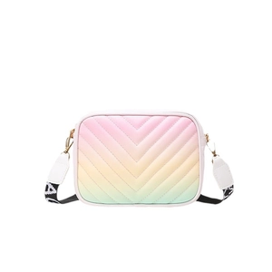 Gradient macaron crossbody camera bag with V-quilted stitching and wide lettered strap