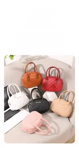 Six colors of quilted handbags with round silhouettes and gold logos on display