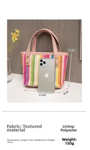 Vista dettagliata della borsa in tessuto arcobaleno con manici rosa e misure 17x6x14cm