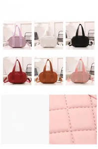Detailed grid of quilted boston bags in six colors with high-quality fabric texture